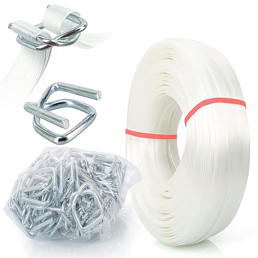 Composite Polyester Cord Strapping Kit, 3/4" x 330' Composite Polyester Cord Strapping Roll with 50 Pack Metal Wire Buckles, 2400 lbs Break Strength