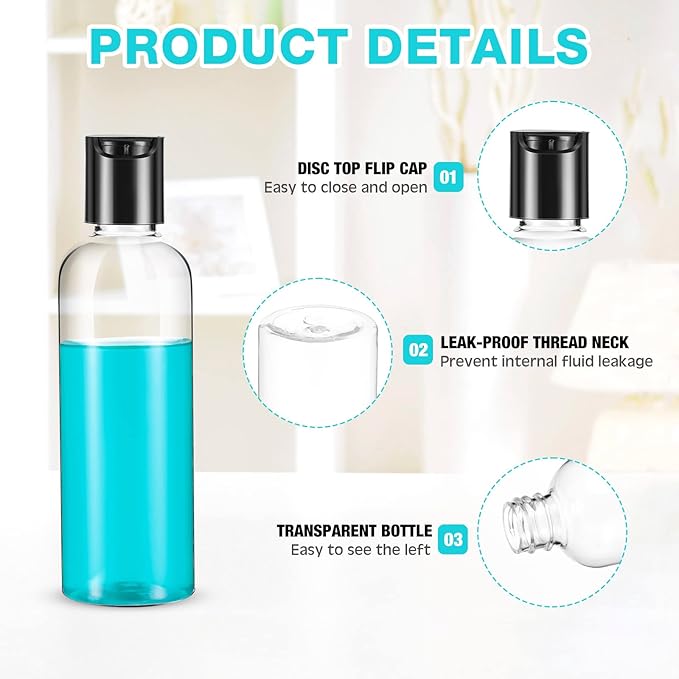 Roshtia 100 Pcs 2 oz Travel Bottles for Toiletries Clear Plastic Travel Size Containers Leak Proof Empty Refillable Liquid Containers Squeezable for Lotion Face Cream Shampoo Essential Oil (Black)