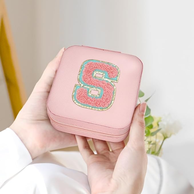 SANDJEST Personalized Jewelry Box, Pink Travel Jewelry Box with Initial S, Small Monogrammed Jewelry Case Organizer for Girls Women Teen Kids, Mini Travel Essentials Gifts for Birthday Christmas