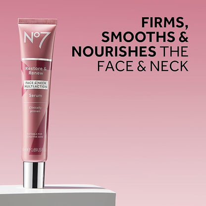 No7 Restore & Renew Multi-Action Face & Neck Serum - Anti Aging Serum for Deep Wrinkle Repair - Collagen Infused Skincare with a Hydrating Blend of Hibiscus Peptides & Hyaluronic Acid (2.5 Fl Oz)