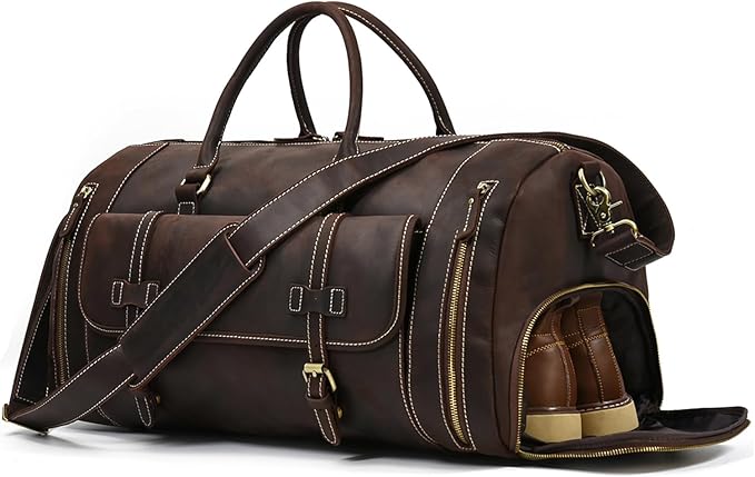 Full-grain Genuine Leather Travel Bag Large Capacity Duffel Luggage Bag with Shoe Compartment, Men Women Shoulder Handbag for Weekend Holiday Business Trip