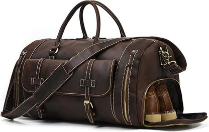 Full-grain Genuine Leather Travel Bag Large Capacity Duffel Luggage Bag with Shoe Compartment, Men Women Shoulder Handbag for Weekend Holiday Business Trip