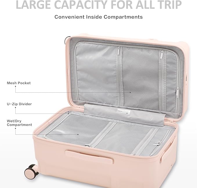 20 Inch Hardside Carry-On Luggage with Spinner Wheels, TSA Lock, Double Zippers, Thick PC Shell, Lightweight Travel Suitcase for Business, Weekend, and International Trips(Pink)