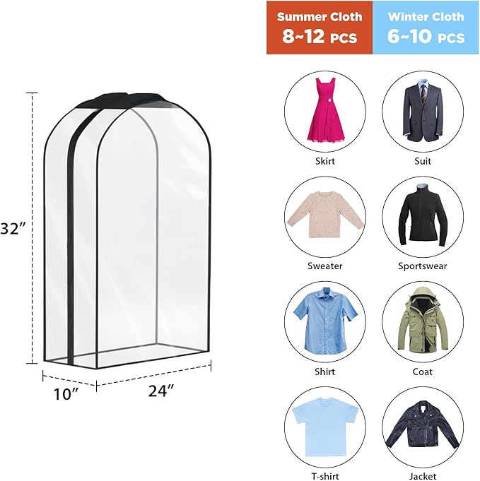 Univivi Garment Bags Garment Covers for Hanging Clothes, 10" Gusseted Clear Suit Bags for Clothes Storage, Garment Bag for Closet Storage, 32", 4-Pack