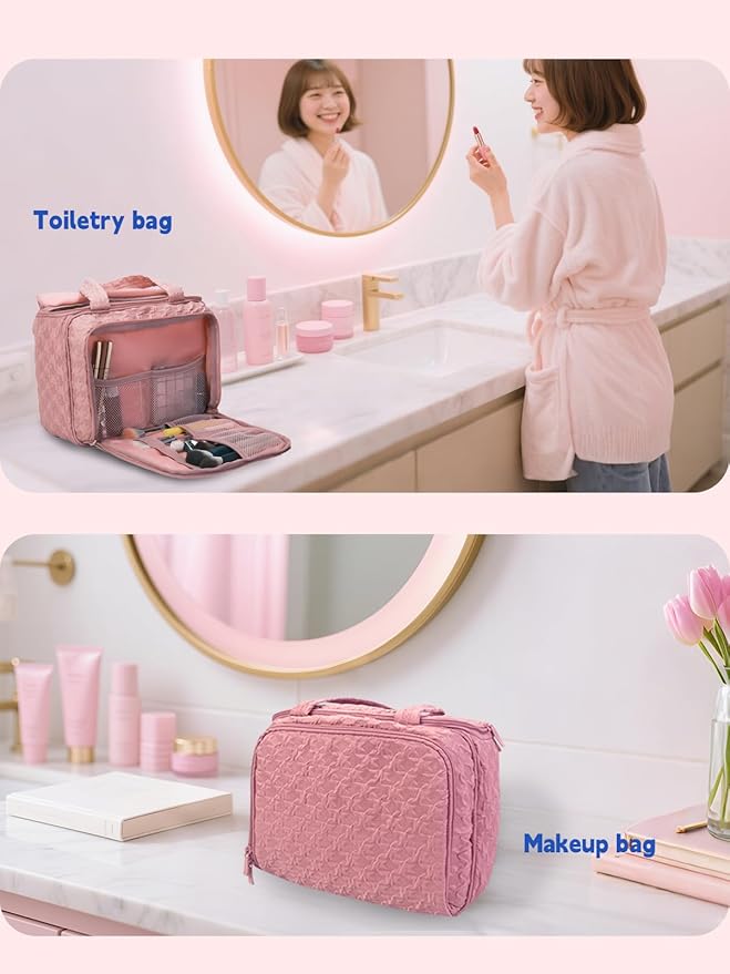 SMONT Travel Toiletry Bag for Women Hanging Makeup Organizer Toiletry Bag Essentials for Women Makeup Bag/Big Compartment, Waterproof,with Multiple Pockets, Ideal for Travel, Gym, School, Pink