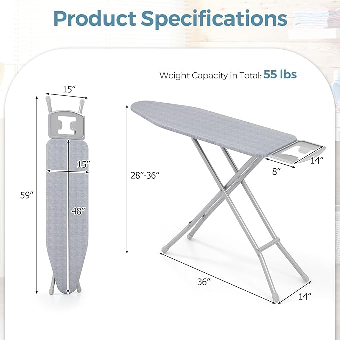 COSTWAY Ironing Board Full Size, 57” x 15” Foldable Iron Stand w/ 7-Level Height Adjustable, Heat-Resistant Ironing Cover, Heavy-Duty Metal Frame, Compact Iron Table for Home, Laundry Room (Gray)