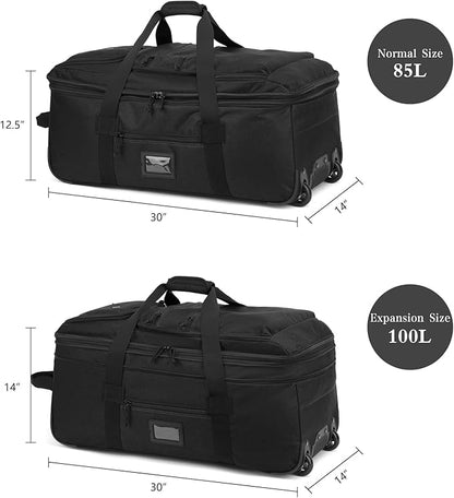 Extra Large Rolling Travel Duffle Bag with Wheels Shoes Compartment Wet Pocket 85-100L Big Expandable Duffel Bag for Men Women Heavy Duty Foldable Collapsible Luggage Camping, Black