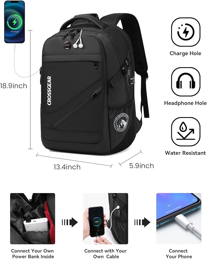 CROSSGEAR Large Travel Backpack Waterproof Laptop Bag Airline Approved Business Office Work Computer Casual Daypacks TSA Lock Anti-Theft Bookbag with USB Port Fit 17.3 inch Laptops for Men Women
