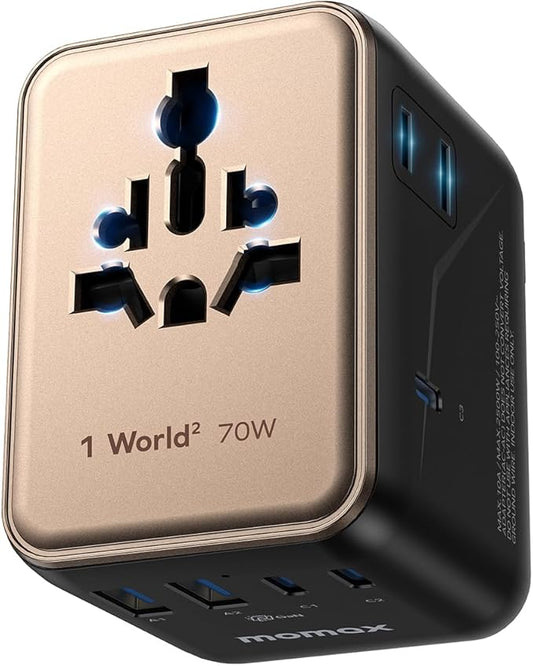 MOMAX Mini 7-in-1 Universal Travel Adapter, GaN 70W International Power Adapter, 2 AC, 3 USB-C PD Fast Charging & 2 USB-A QC, Travel Essentials for All European Travel Plug Adapter UK AUS JP