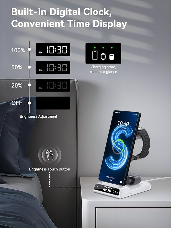 Wireless Charger for Samsung Charging Station with Clock for Samsung Galaxy S25 Ultra/S24 Ultra/Z Flip 6/5/Fold 5/Bud 2, 3 in 1 Charging Station Watch Charger for Samsung Galaxy Watch 7/6/5Pro(White)