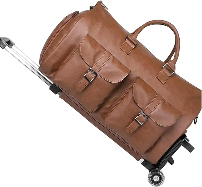 Wheeled Duffel Bags Duffle Bag with Wheels and Handle, Foldable Waterproof PU Large Capacity Wheeled Duffel Bags with Adjustable Strap for Women and Men, Brown