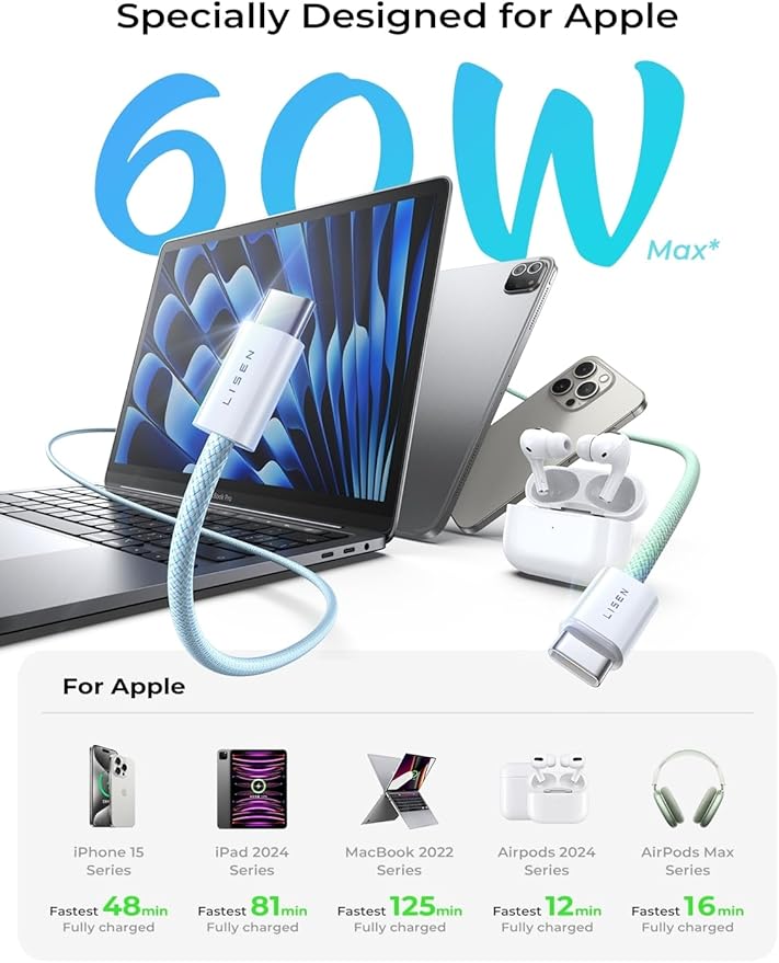 LISEN USB C Cable, 5-Pack [3.3/3.3/6.6/6.6/10FT] USBC to USBC Cable for iPhone 16e 15 Pro Max Charger Cord, 60W (3.1A) C to C Cable Fast Charging for Samsung S25/S24/23, Switch 2, iPad, MacBook