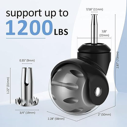 2 Inch Ball Caster Wheels - Stem Casters Set of 4,Heavy Duty 1200 LBS,360° Swivel,Non Marking Polyurethane,Black Replacement Castors for Furniture, Cabinet, Cart,Coffee Table (Grey)