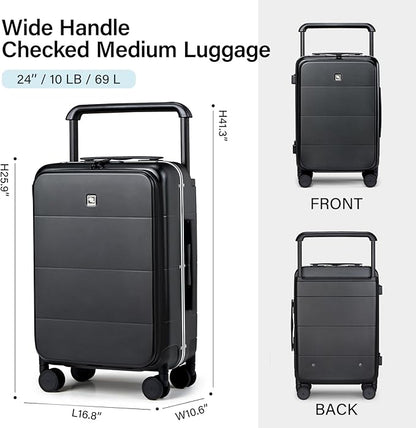 Hanke Top Opening 24 Inch Luggage with Spinner Wheels, Aluminum Frame All-PC Hard Shell Medium Suitcase, Trunk Wide Handle Luggage for Travel, TSA Checked-Medium (Jet Black, 69L)