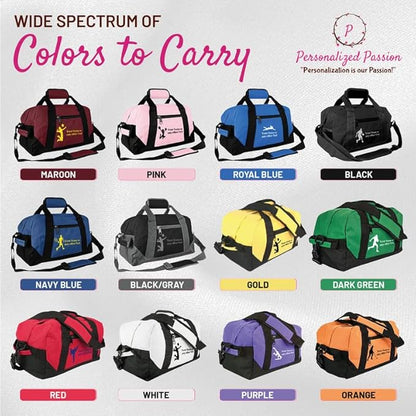 Personalized Passion 14” Small Sports Duffel Bags for Kids - Waterproof Travel Duffle with Name & Lacrosse Design - Black/Gray Two-Toned Kids Weekender Bag for Boys and Girls