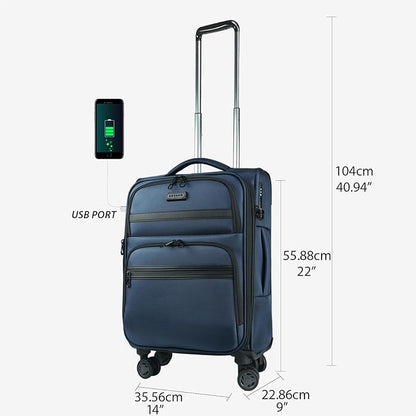 KROSER Softside Expandable Carry On Luggage with Front Business Pockets，20 Inch Suitcases with Spinner Wheels & Built-in TSA Lock, Durable Suitcase Rolling Luggage with USB Port, Haze Blue