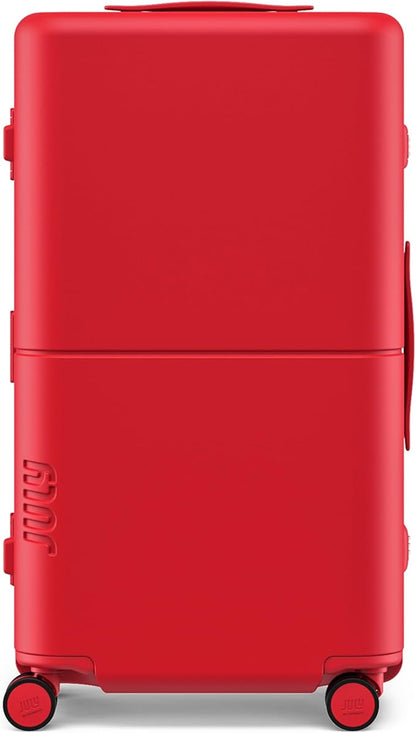 Checked Trunk - 26.8" Zipperless Airline Approved Check In Luggage with Wheels, 80/20 Opening Spinner Suitcase - TSA Lock Rolling Suitcase, Spinner Wheels, Y-Strap - Matte Cherry Red