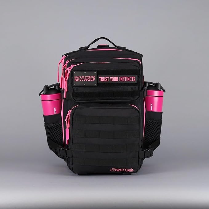 WOLFpak 35L Athletic Gym Backpack - Durable 1000D Waterproof Oxford Material with MOLLE Webbing, Laptop Pocket & Dual Cup Holders, Durable Fitness/Travel/Military Daypack (Black Neon Pink)