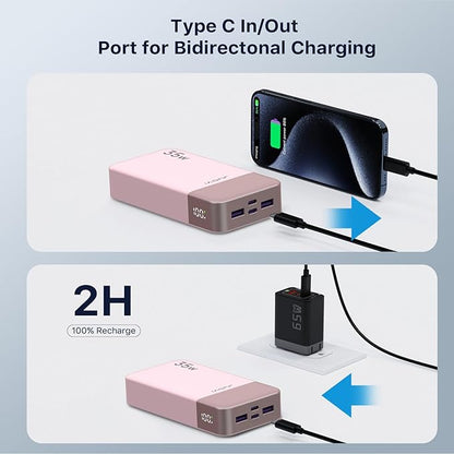 J2651 Portable Charger, 35W 20000mAh USB C in & Out Power Bank, Battery Pack with QC4.0+PD3.0 35W High-Speed Charging for Bluetooth Earbud, Mobile Phone, Tablet (Pink)