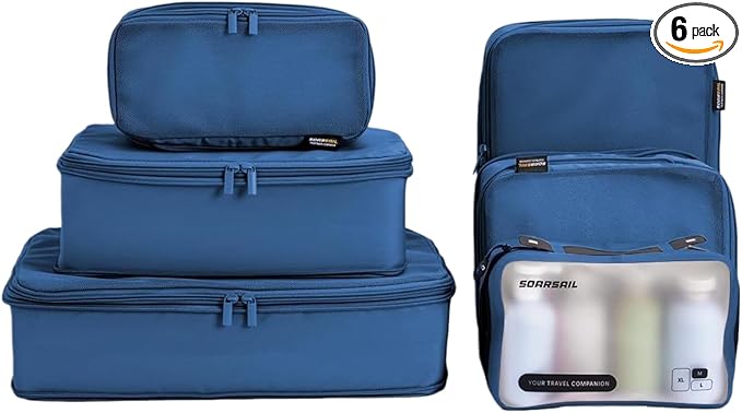 Compression Packing Cubes for Travel, 6-Piece Set (L/M/S), Double-Zip Luggage Organizers with Mesh Panels, Space-Saving Clothes Storage Bags for Suitcase & Carry-On (6 Pack, Dark Blue)