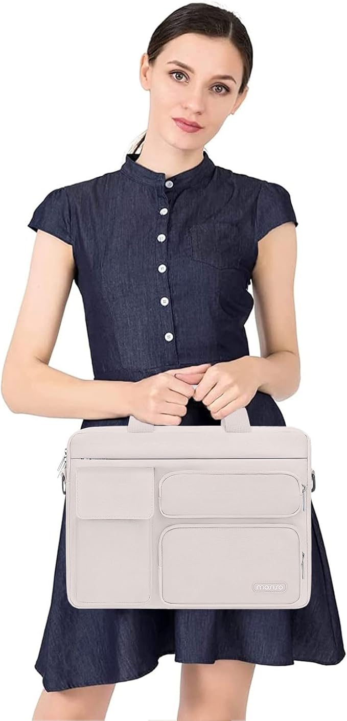 MOSISO Laptop Shoulder Bag 15.6 inch, 15-15.6 inch Computer Bag Compatible with MacBook Pro 16 inch, HP, Dell, Lenovo, Notebook with 2 Raised&1 Flapover&1 Horizontal Pocket&Handle&Belt, Stone Gray