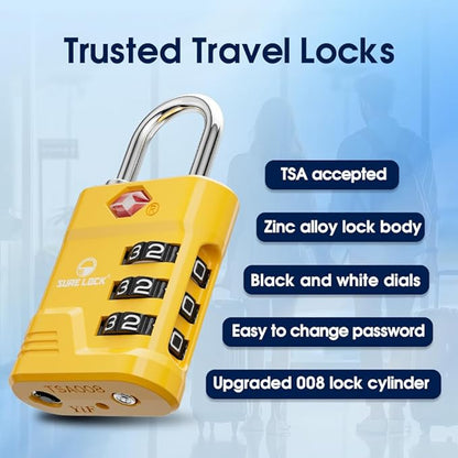 SURE LOCK TSA Locks for Luggage, TSA Approved Luggage Locks with Open Alert, 008 Key for High Security, Easy Read Dials, Zinc Alloy Body, Locker Lock for Suitcase, Gym, Travel. (Yellow 1 pk)