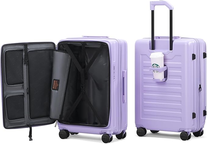 ROAMING 20 Inch Carry On Luggage Expandable Front Opening Rolling Vacation Suitcase with Spinner Wheels and TSA Lock Cup Holder PC Hard Shell Travel Trolley Case for Shout Business Trips purple