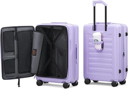 ROAMING 20 Inch Carry On Luggage Expandable Front Opening Rolling Vacation Suitcase with Spinner Wheels and TSA Lock Cup Holder PC Hard Shell Travel Trolley Case for Shout Business Trips purple