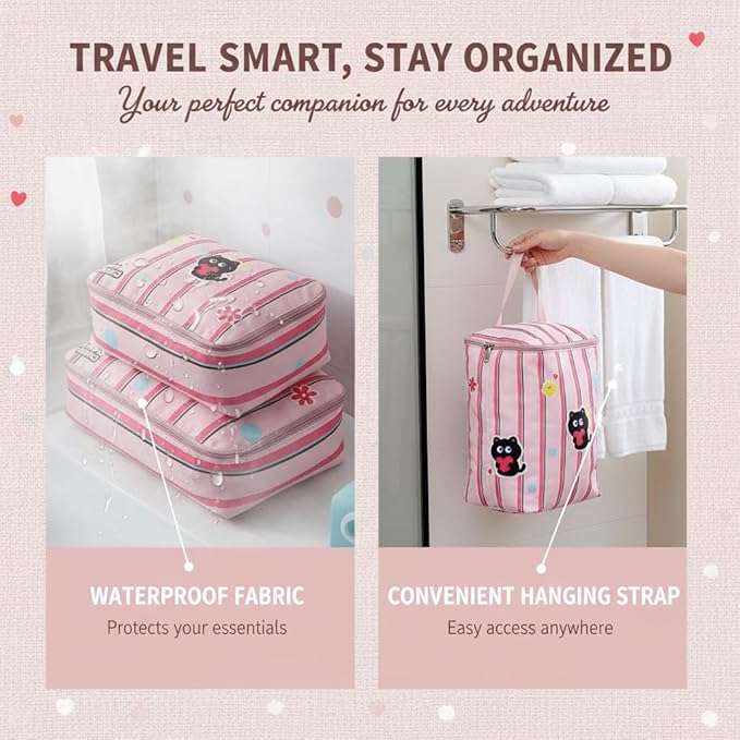 Striped Travel Organizer Bag Set with Cute Cat Design - 5-Piece Portable & Waterproof Packing Cubes for Luggage Clothing & Toiletries (Pink Cat)