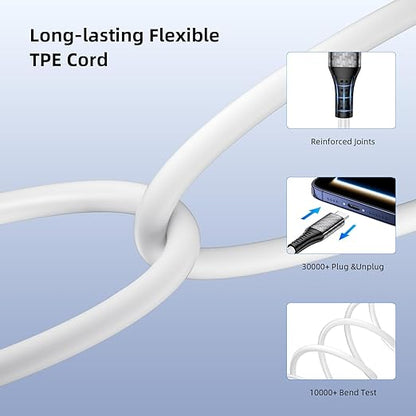 60W Charging Cable USB C to USB C Cord 20ft, PD Fast Charge Cable for iPhone 17 16 15/Samsung S25 S24 S23/Pixel 10 9,Data Transfer Wire/Type-C Power Cable for MacBook/iPad/Laptop/Security Camera,White