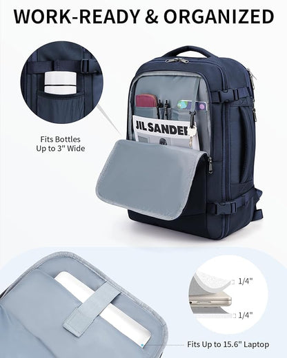 ECOHUB Carry On Travel Backpack, Expandable Airlines Personal Item Bag 18x14x8, Water Resistant 17 inch Laptop Backpack Flight Approved, 12 Pockets 30L Work Backpacks with Wet Pocket Cable Slot, Blue