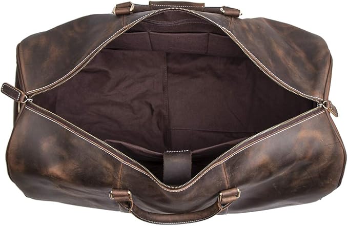 24 Inch Leather Travel Weekend Luggage Bag, Mens Duffle Retro Carry on Handbag (Dark Brown)