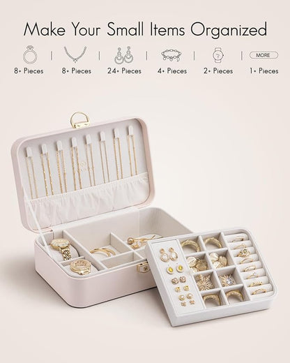 Vlando 2 Layer Jewelry Box,Jewelry Organizer Storage Lockable Earring Organizer Removable Jewelry Tray with Watch Pillow for Neckable Ring Bracelets-Apricot Pink