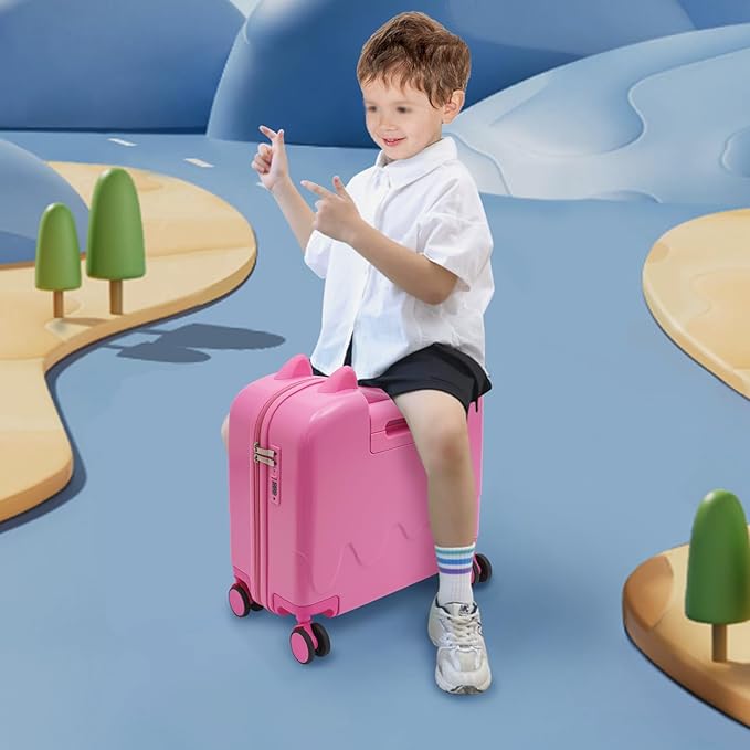 18-Inch Kids Ride-On Suitcase - Cute Lightweight Trolley Luggage with 4 Silent Spinner Wheels & Lock for Travel - Perfect for Ages 3-6 (Pink)