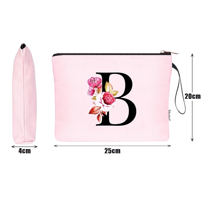 Vavabox A-Z Personalized Makeup Bag, Birthday Gifts for Women Mom, Gifts for Best Friend, Bride Bridesmaid Cosmetic bag (B, Pink)