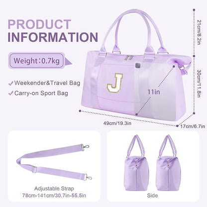 Dance Gym Duffel Bag for Teen Girls, Personalized Initial Travel Weekender Bag,Cute Overnight Carry On Duffle for Women,Sports Travel Cheer Bag,Monogram Christmas Gifts for Tween Preppy(purple-J)