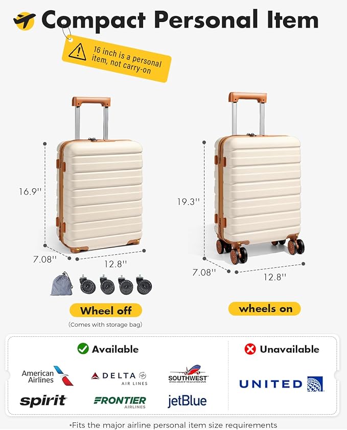 Lekesky 16 Inch Underseat Carry On Luggage Airline Approved, Small Hard Shell Suitcase with TSA Lock Spinner Wheels, Lightweight Personal Item Carry-On for Travel, Beige-Brown
