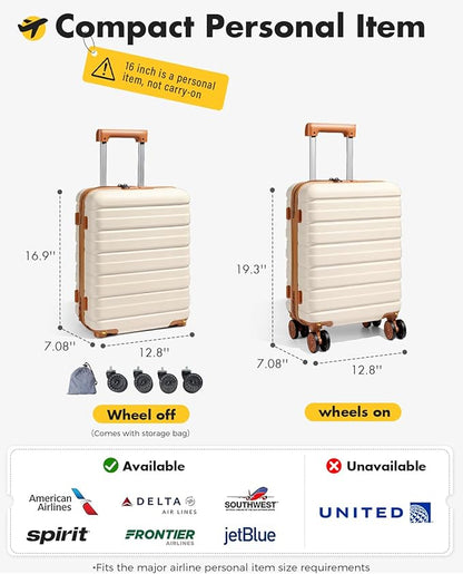 Lekesky 16 Inch Underseat Carry On Luggage Airline Approved, Small Hard Shell Suitcase with TSA Lock Spinner Wheels, Lightweight Personal Item Carry-On for Travel, Beige-Brown