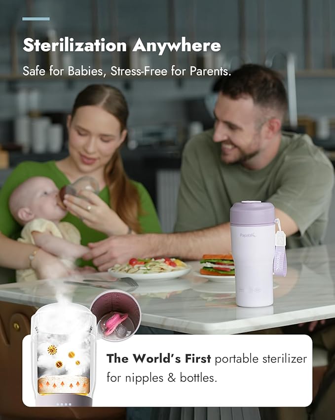 Papablic Portable Bottle Warmer for Home & Travel — 85W Fast Heating, Built-in Sterilizer, 4 Temp Settings, 6 Feeds per Charge, 3-Inch Wide Mouth, Fits Car Cup Holder
