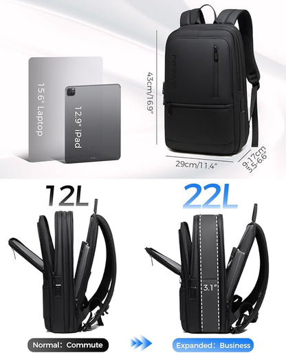 Work Backpack for Men, Expandable Backpack with USB C Charging Port, Water Resistant 15.6 Inch Laptop Backpack, Black