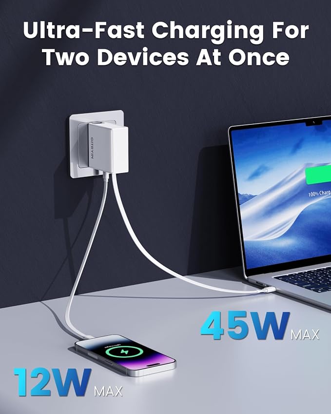 Gitryin 65W USB C Retractable Wall Charger with Built-in Type-C Cable, 2-in-1 Foldable Fast Charger Block, Travel Essentials Compatible for Laptop, MacBook Pro/Air, iPhone 16/15, iPad, Galaxy, Pixel