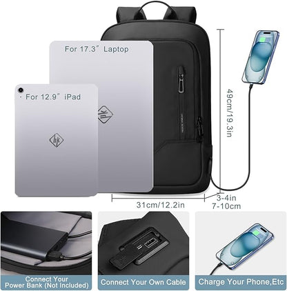 hk Backpack for Men Business Slim Backpack with USB Charger Computer Lightweight Anti-theft Travel Backpacks 17.3 inch Water Resistant Laptop Bag for Work Office College-Black