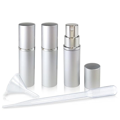 L'AUTRE PEAU Refillable Perfume & Cologne Fine Mist Atomizers with Metallic Exterior & Glass Interior - 5ml Portable Travel Size - 3ml Squeeze Transfer Pipette Included (3 Pack, Silver)