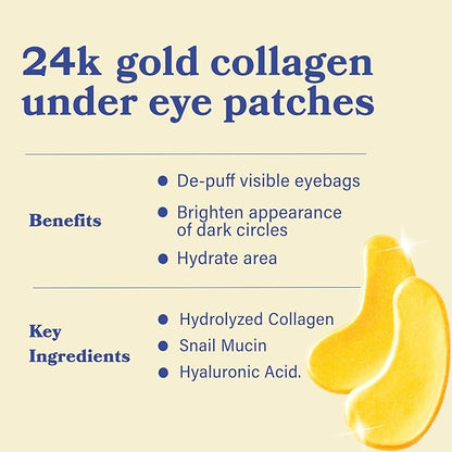 LE GUSHE Gold Under Eye Patches for Puffy Eyes and Dark Circles (30 Pairs) - Hydrating Collagen Under Eye Masks with Snail Mucin - Soothing Puffy Eyes Treatment for Women & Men - Bridesmaid Gifts