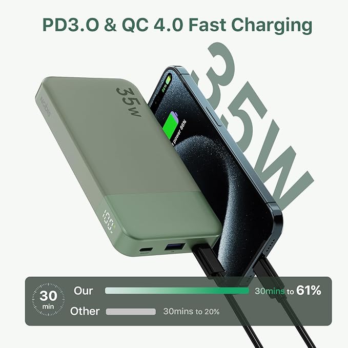 NOBIS Portable Charger, 10000mAh Power Bank Fast Charging, Battery Pack with C to C Cable, Battery Bank with Digital Display for iPhone iPad Android etc (Green, 35W)