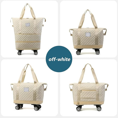 Rolling Duffle Bag with Wheels and Handle, Expandable Foldable Luggage Bag Beige