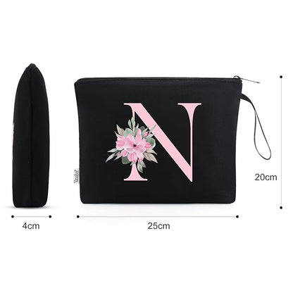 Vavabox A-Z Personalized Makeup Bag, Birthday Gifts for Women Mom, Gifts for Best Friend, Bride Bridesmaid Cosmetic bag (N, Black)