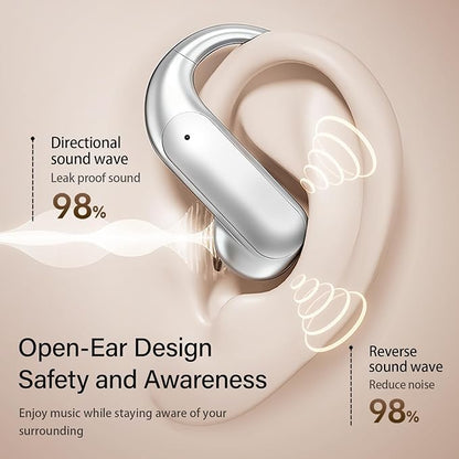 Wentronic Open Ear Headphones, Wireless Earbuds Bluetooth 5.4 with Digital Display, Secure Earhook, 48H Playtime, Enhanced Sound, Clear Calls, IP55 Waterproof Ultra-Light Sports Headphones - Silver