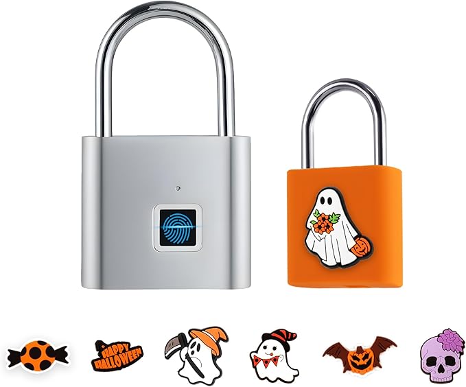 UMIKSMART Padlock, Keyless Fingerprint Padlock with USB Charging, Gym Lockers, School Lockers, Luggage, Storage Boxes, Cabinets, Backpack, Halloween Gifts(Spooky Orange)