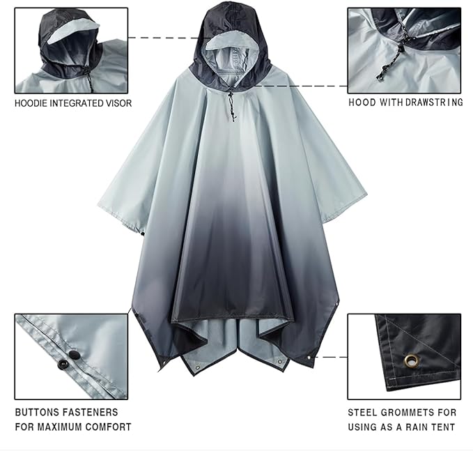 Hooded Rain Poncho for Adult, Waterproof Lightweight Raincoat for Hiking Camping